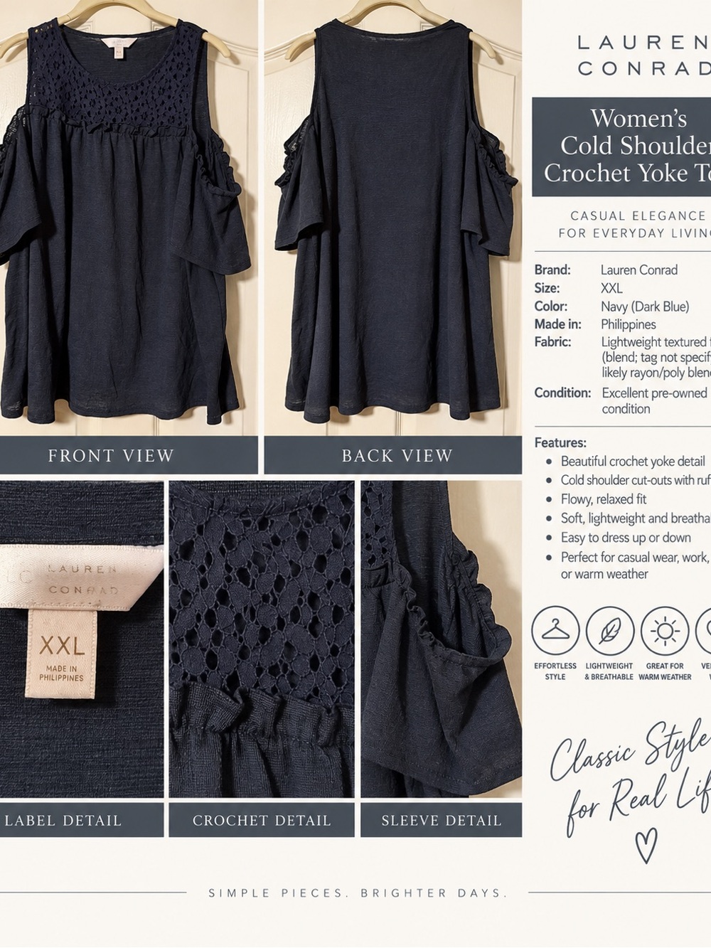 LC Lauren Conrad Navy Cold-Shoulder Crochet Yoke Top